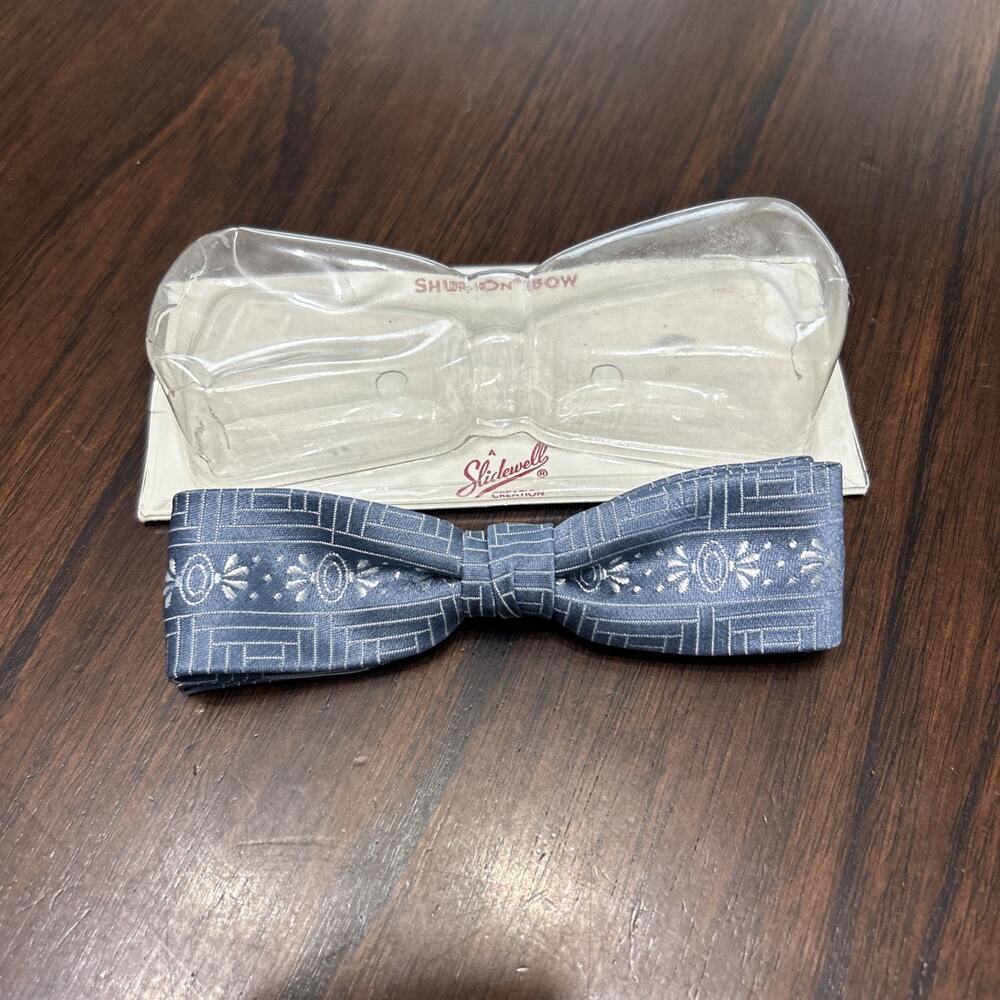 Vtg Shur-On Clip on Bow tie w/ Case Slidewell Creation Blue silver Rust Resist